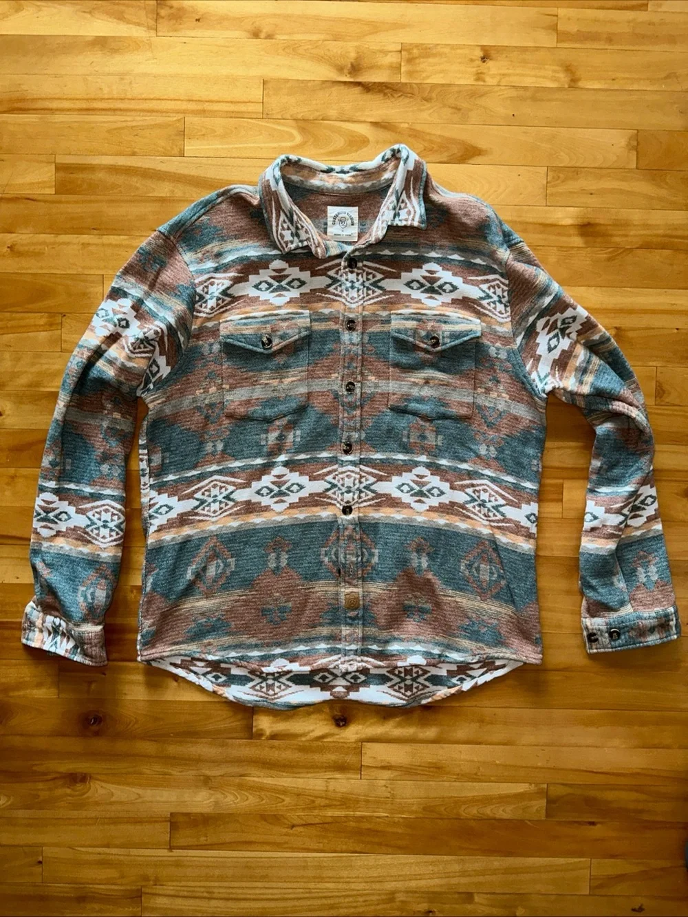 Dubinik Mens XL Southwestern Aztec Shirt Teal Brown Cotton Button Up Western